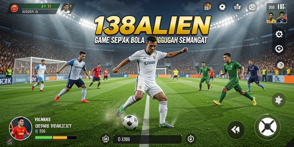 Screenshot utama menunjukkan pemain beraksi di lapangan sepak bola.