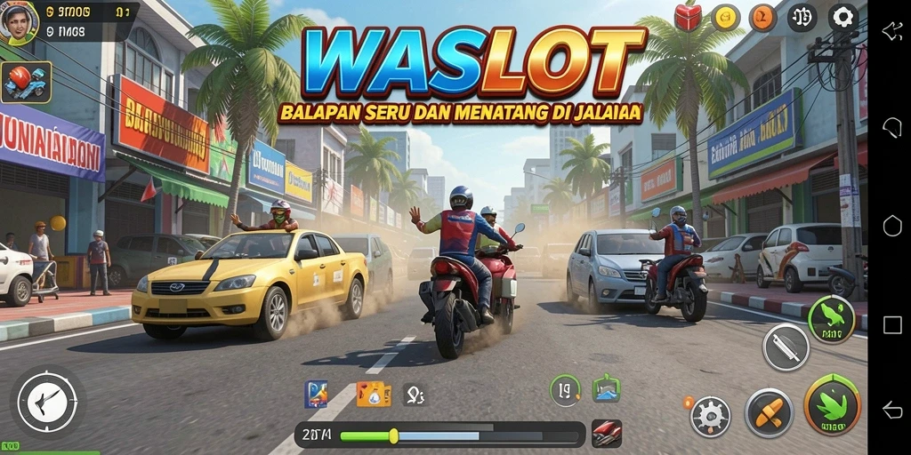 Screenshot gameplay WASLOT menunjukkan kecepatan dan aksi balapan yang mendebarkan.